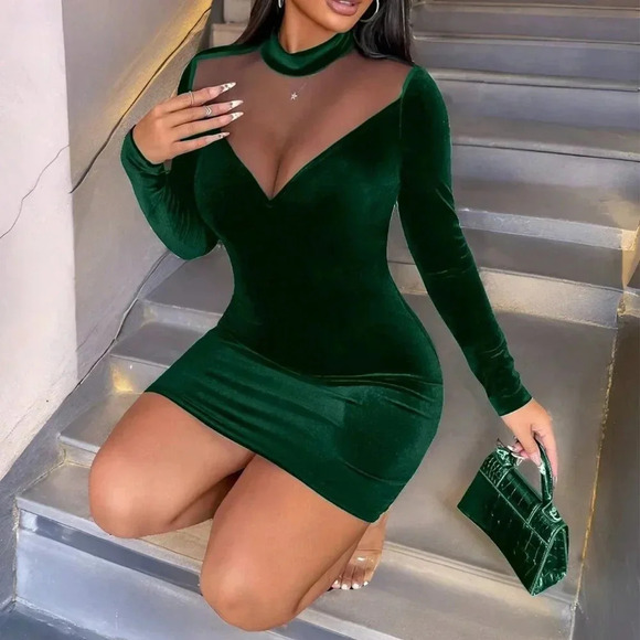 Dark Green Party Women's Sexy Mesh Patchwork Slim Fit Mini Dress - Picture 3 of 5